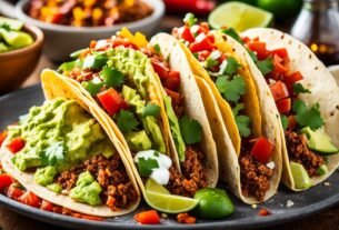 Chili, tacos e tortilhas com guacamole