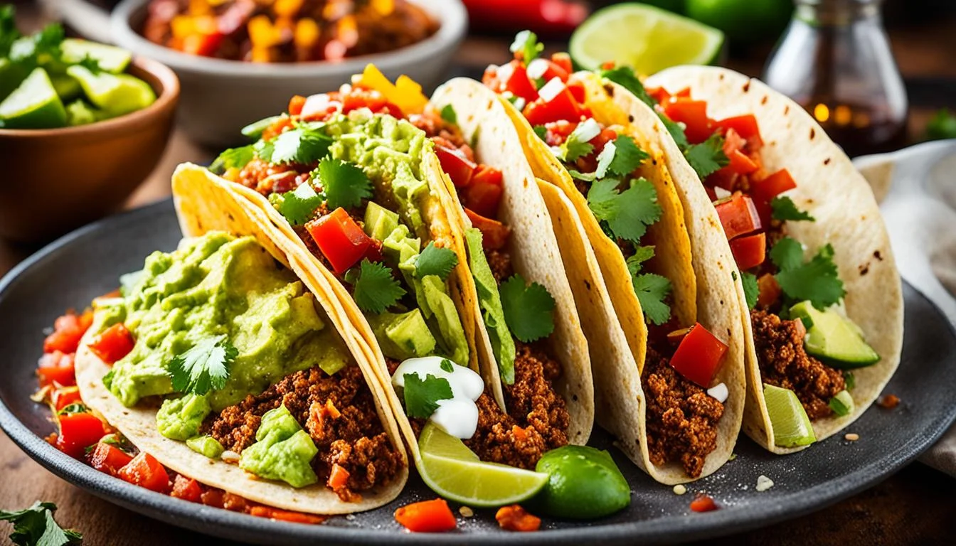 Chili, tacos e tortilhas com guacamole